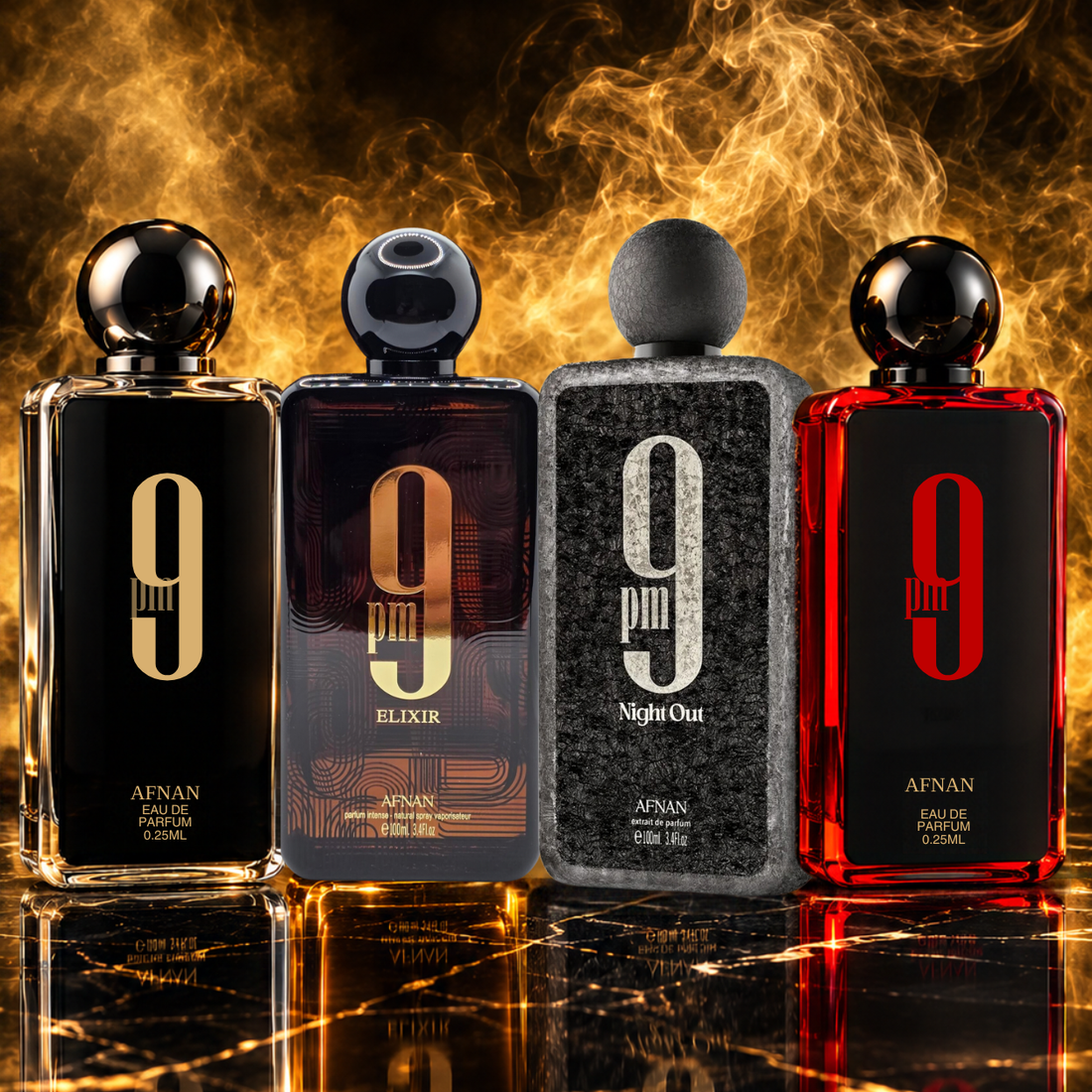 Pack 4 Parfums Afnan 9PM Homme – Original, Elixir, Night Out &amp; Red | 250 DH Livraison Gratuite Maroc