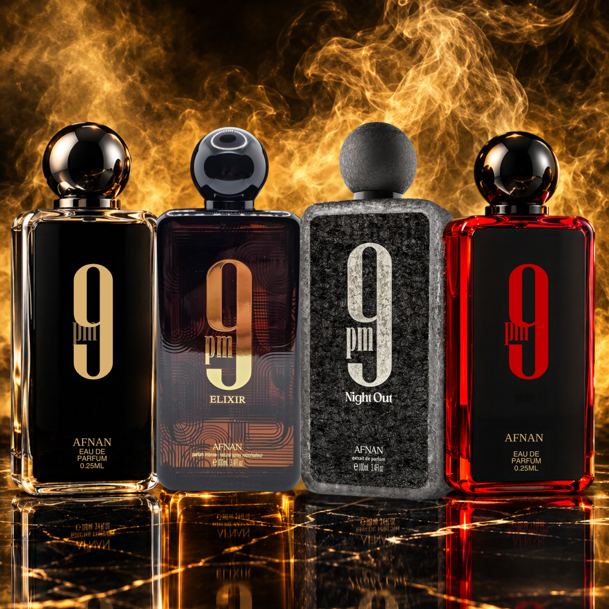 Pack 4 Parfums Afnan 9PM Homme – Original, Elixir, Night Out &amp; Red | 250 DH Livraison Gratuite Maroc