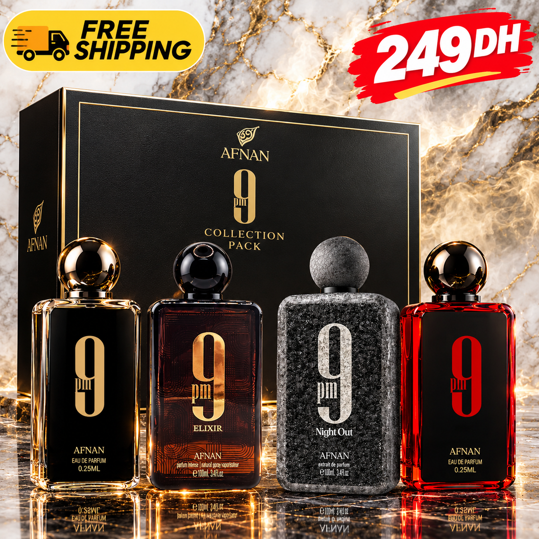 Pack 4 Parfums Afnan 9PM Homme – Original, Elixir, Night Out &amp; Red | 250 DH Livraison Gratuite Maroc